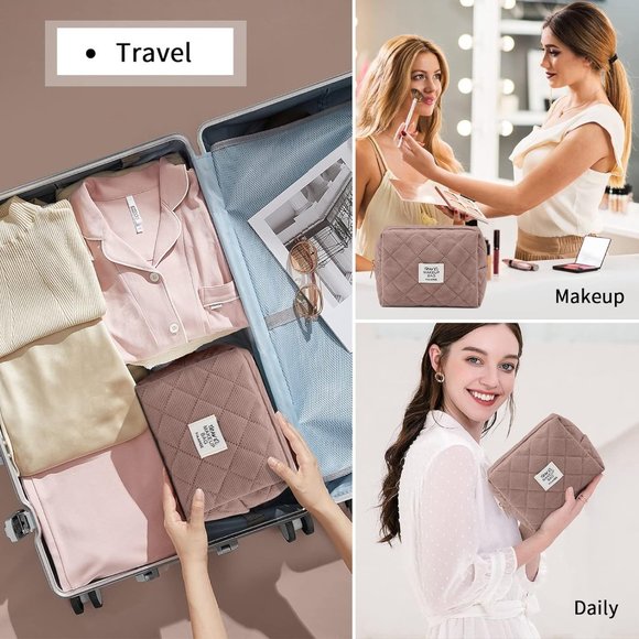 MAANGE Women Cosmetic Purse Corduroy Makeup Pouch Cute Makeup Bag Coffee 2Pcs - Picture 6 of 6